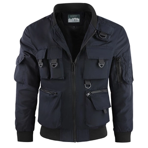 Men's navy blue tactical flight jacket with multiple cargo pockets and rib-knit cuffs