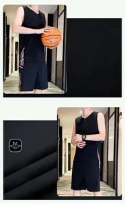 Detail of breathable mesh fabric on men's quick-dry black basketball jersey and shorts set
