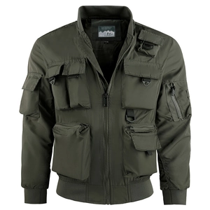 Army green functional flight jacket with multiple utility pockets and tactical D-rings