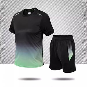 Men's Quick Dry Sports Suit Gradient Short Sleeve T-Shirt And Shorts Athletic Outfit Reflective Fitness Running Gear