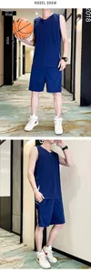 Navy blue men's breathable mesh basketball jersey set with v-neck vest and drawstring shorts