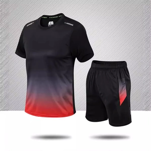 Men's quick-dry sports set with black and red gradient short-sleeve T-shirt and shorts