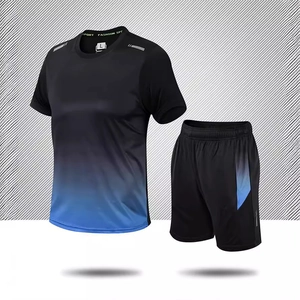 Men's quick-dry sport set with black and blue gradient short sleeve T-shirt and shorts