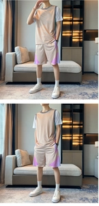 Détail de l'ensemble de sport beige avec panneaux dégradés violets et col rond côtelé