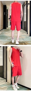 Detail view of red breathable mesh sports set with sleeveless jersey and basketball shorts