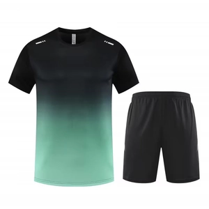 Men's quick-dry sports set with black to green gradient t-shirt and athletic shorts