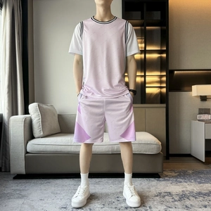 Tenue de Sport Été Homme Polyester Respirant Imprimé Lettres Faux Superposé T-Shirt Manches Courtes Et Shorts Ensemble Décontracté
