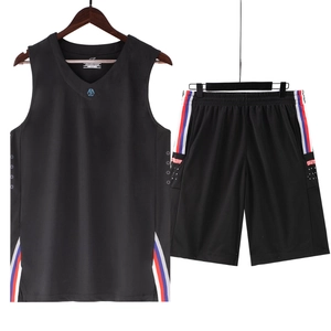 Men's black quick-dry basketball set with V-neck vest and shorts featuring side stripes