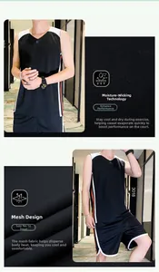Detail view of breathable black mesh basketball jersey set with contrast side stripes