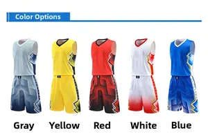 Detail view of five breathable basketball jersey sets with side lightning pattern in various colors