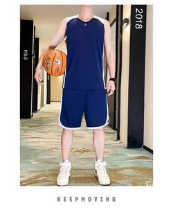 Detail of dark blue men's basketball uniform with side stripes and breathable mesh fabric