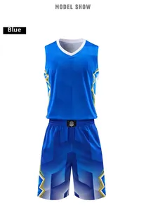 Close-up detail of blue basketball jersey and shorts with geometric pattern and 2XL size tag