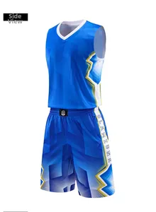 Detailed side view of blue basketball jersey and mesh shorts with SLAMZONE text