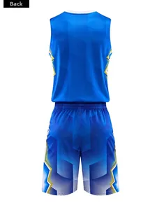 Detail view of blue basketball jersey back with breathable mesh and geometric pattern