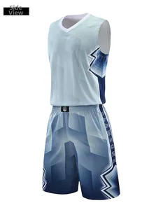 Side view of men's breathable basketball set with blue geometric gradient and mesh fabric