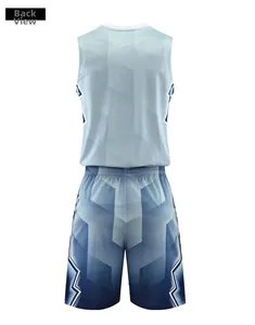 Back view of men's quick-dry basketball jersey set with blue geometric mesh fabric