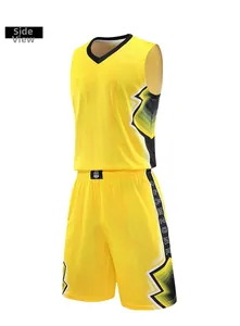 Detail view of yellow basketball uniform set showing breathable mesh and geometric side pattern