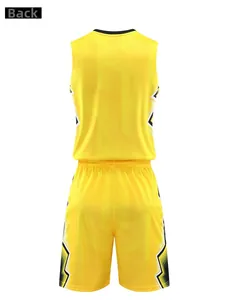 Rear view of yellow breathable mesh basketball jersey and shorts set with lightning pattern