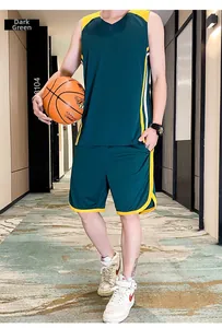 Detail of dark green breathable basketball jersey set with contrast side stripes