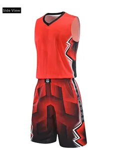 Side view of men's breathable basketball uniform with red and black geometric patterns