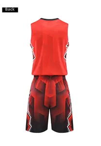 Back view of men's red basketball jersey set with black geometric gradient patterns