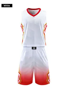 Front view of white basketball jersey and shorts with red and yellow geometric patterns