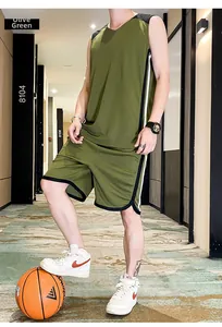 Breathable grass green basketball uniform set with side stripes on sleeveless top and shorts