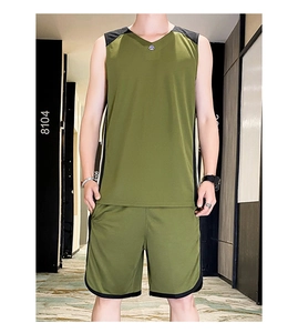 Detail of olive green basketball jersey set with V-neck vest and matching shorts
