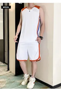 Close-up of white breathable mesh basketball jersey with blue and orange stripe details