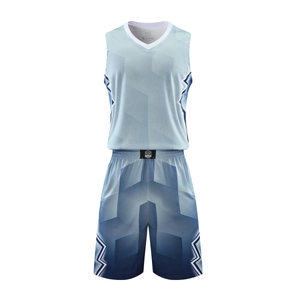 Men's blue gradient basketball uniform set with breathable mesh fabric and geometric patterns