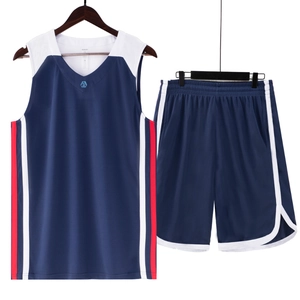 Navy blue breathable basketball jersey and shorts set with red and white athletic stripes