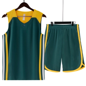 Green and yellow breathable basketball jersey set with mesh fabric and side stripes
