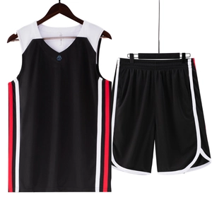 Men's breathable basketball jersey set with V-neck vest and matching shorts in black and red