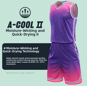 Detail of breathable mesh fabric on men's gradient purple basketball jersey and shorts set
