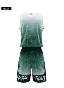 Back view of basketball uniform with green gradient snake pattern and Black Mamba text
