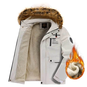 Detailed view of men's white winter parka with warm fleece lining and faux fur hood