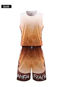 Close-up of gold gradient basketball jersey with snakeskin pattern and Mamba Black text
