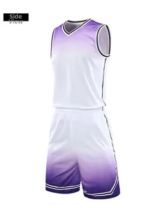 Side view of breathable purple gradient basketball jersey set with mesh fabric details