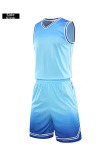 Side view of men's basketball jersey set with blue gradient and striped trim