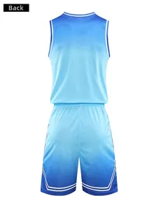 Back view of blue and white gradient basketball jersey set with breathable mesh fabric