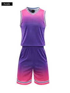 Detail of purple gradient basketball jersey set with breathable mesh and stripe trim