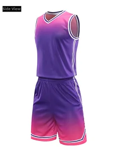 Side view of breathable gradient purple basketball jersey set with mesh fabric details