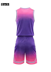 Back view of a pink and purple gradient breathable mesh basketball jersey and shorts set