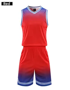 Detail view of red and navy blue gradient basketball jersey set with breathable mesh fabric