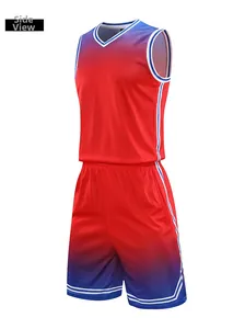 Detail of red and blue gradient basketball jersey with breathable mesh fabric and side stripes