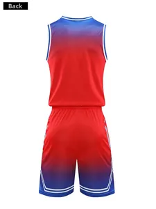 Back view of men's basketball kit featuring breathable blue to red gradient mesh fabric