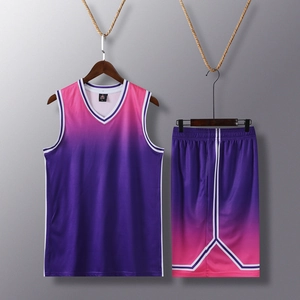 Men's basketball jersey set with pink to purple gradient and breathable mesh fabric