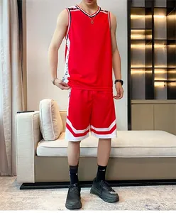 Detail of red quick-dry basketball jersey set with side stripe and breathable fabric texture