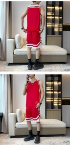 Detail of red quick-dry basketball jersey set with contrast side panels and star prints