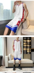 Detailed side view of breathable mesh basketball jersey with blue and red star patterns